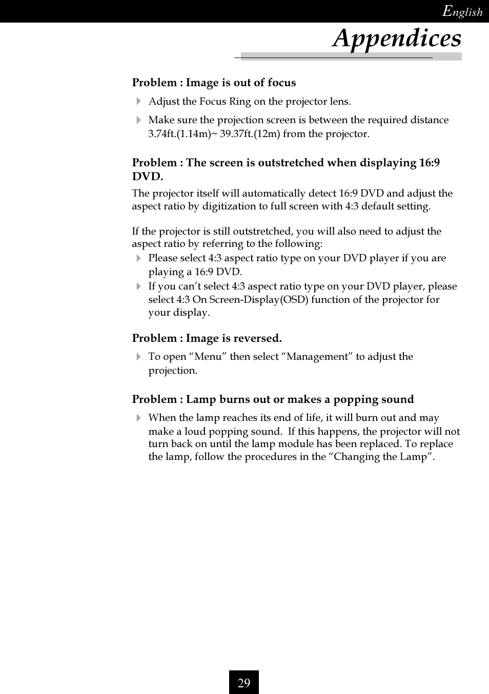 Appendices | Optoma Single Chip DLP Projector User Manual | Page 29 / 32