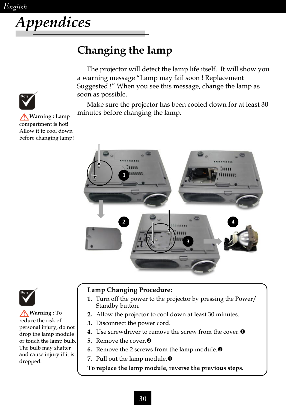 Appendices, Changing the lamp | Optoma Single Chip DLP Projector User Manual | Page 30 / 32