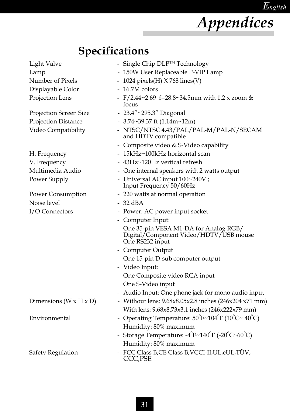 Appendices, Specifications | Optoma Single Chip DLP Projector User Manual | Page 31 / 32