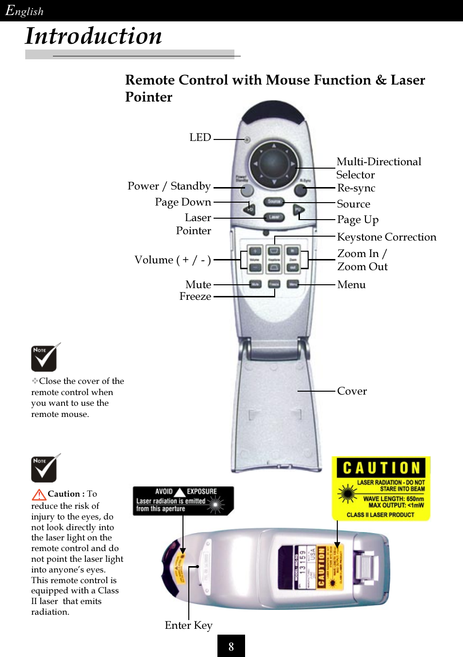 Introduction, Remote control with mouse function & laser pointer | Optoma Single Chip DLP Projector User Manual | Page 8 / 32