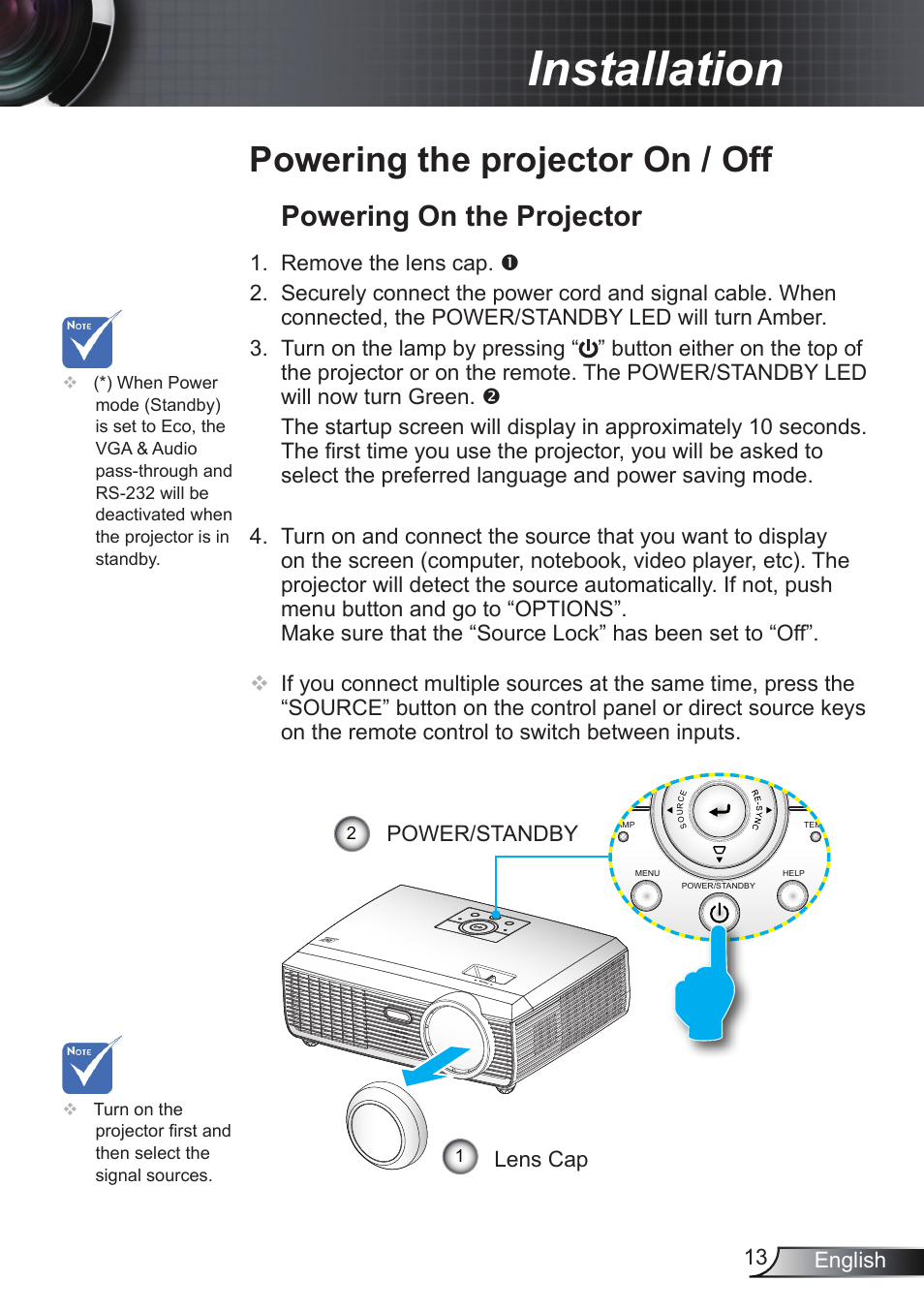 Installation, Powering the projector on / off, Powering on the projector | Optoma RS232 User Manual | Page 13 / 66