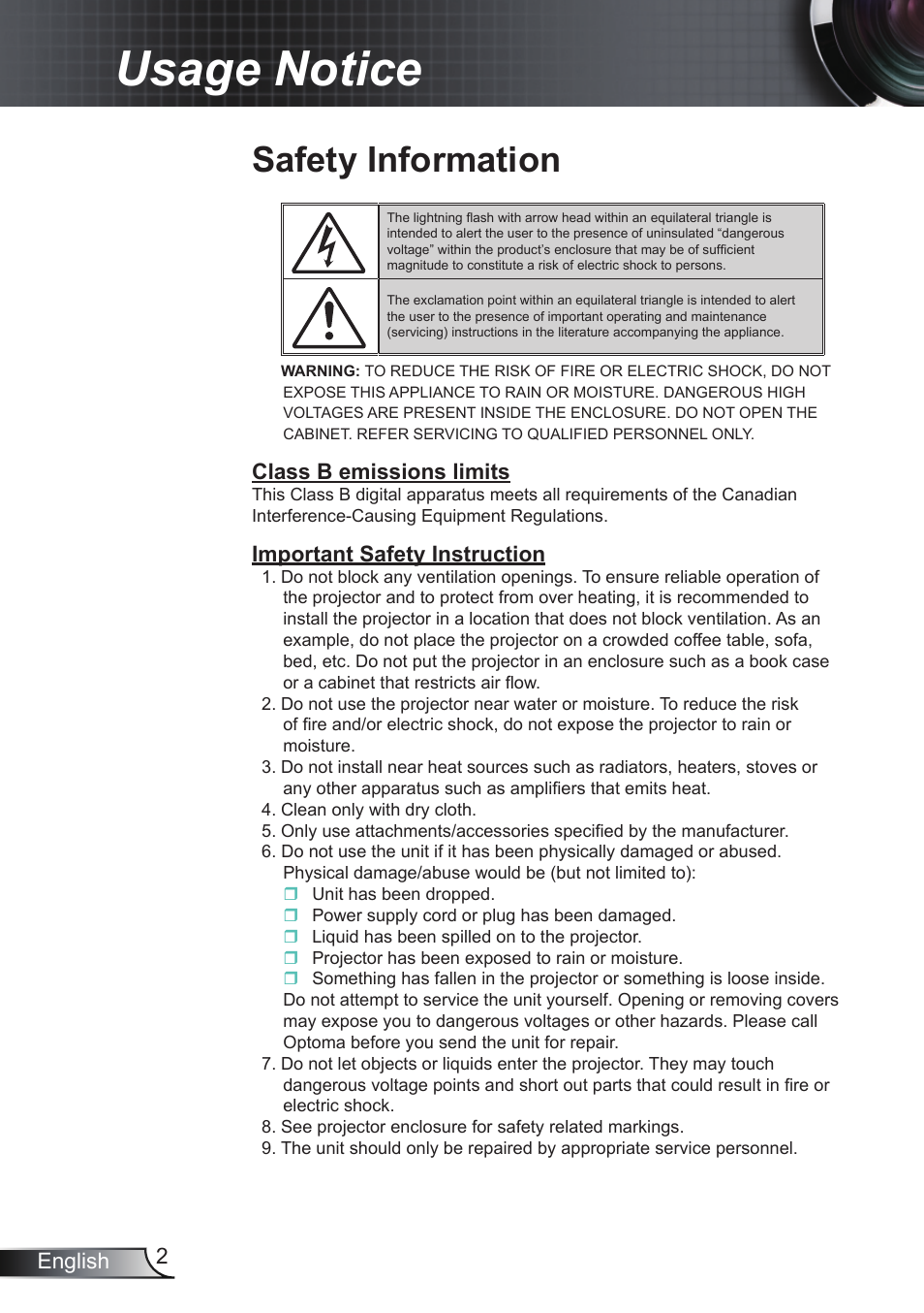 Usage notice, Safety information, 2english | Class b emissions limits, Important safety instruction | Optoma RS232 User Manual | Page 2 / 66