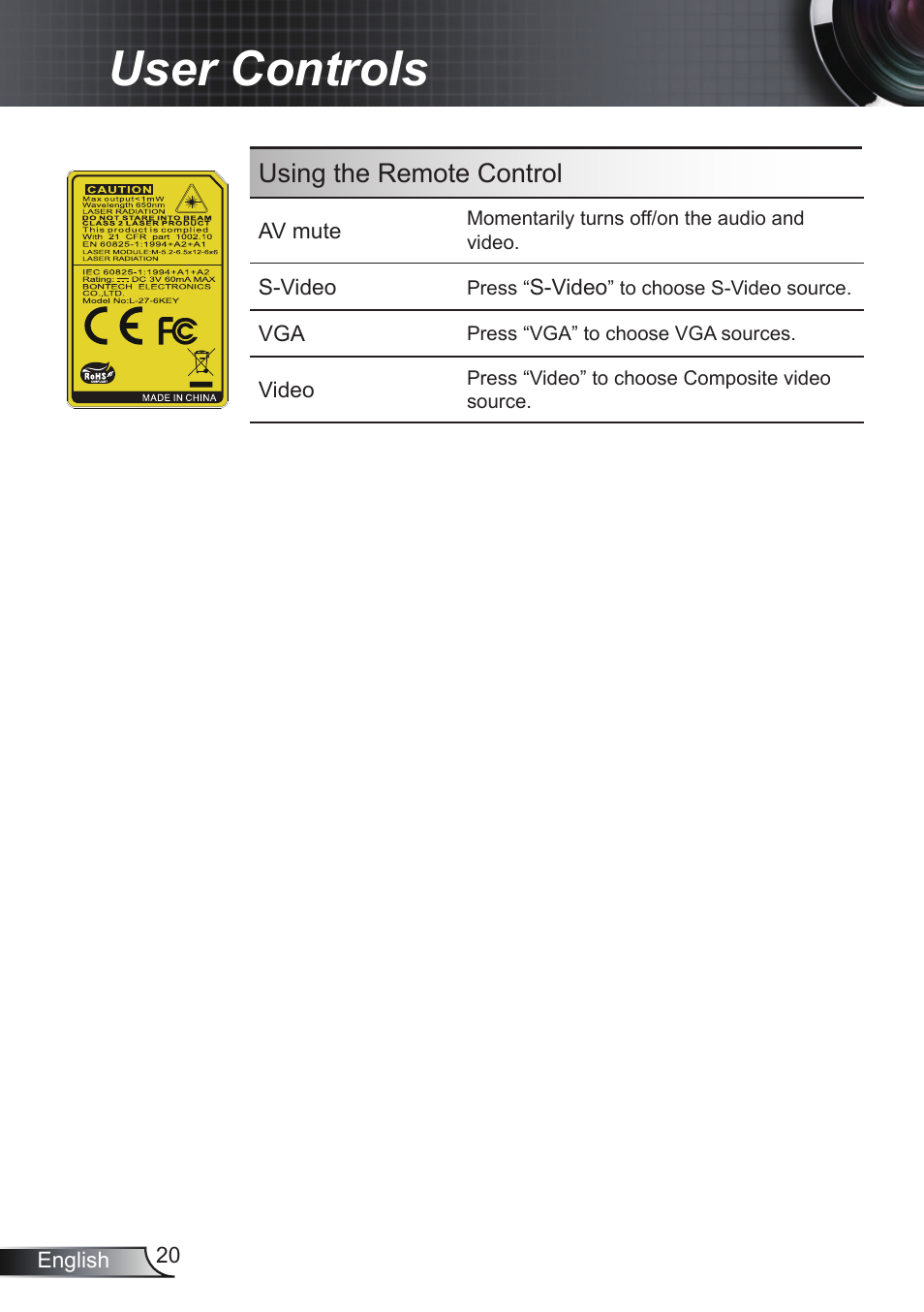 User controls, Using the remote control | Optoma RS232 User Manual | Page 20 / 66
