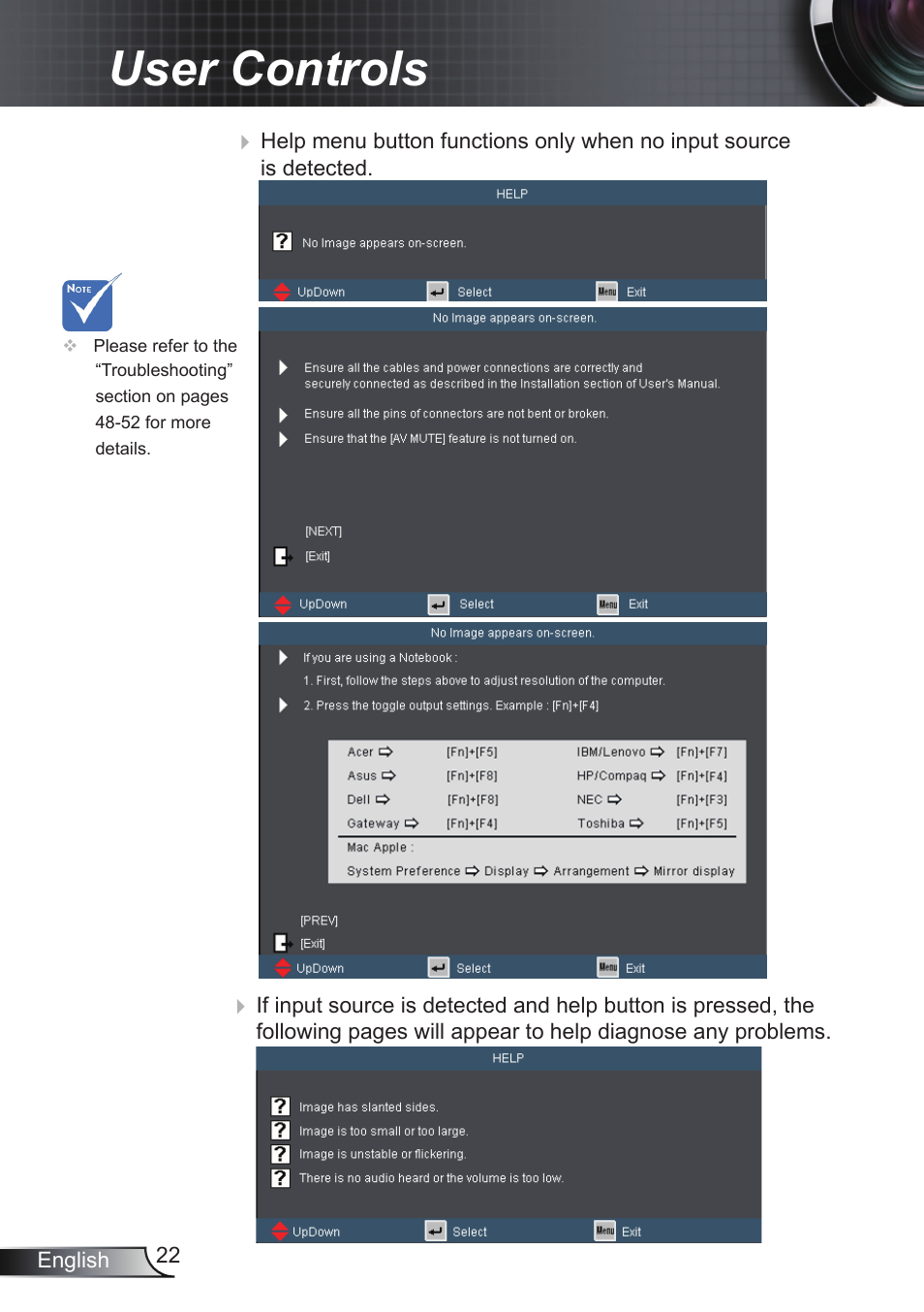 User controls | Optoma RS232 User Manual | Page 22 / 66