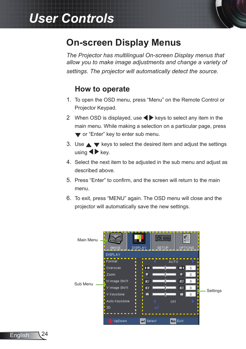 User controls, On-screen display menus, How to operate | Optoma RS232 User Manual | Page 24 / 66