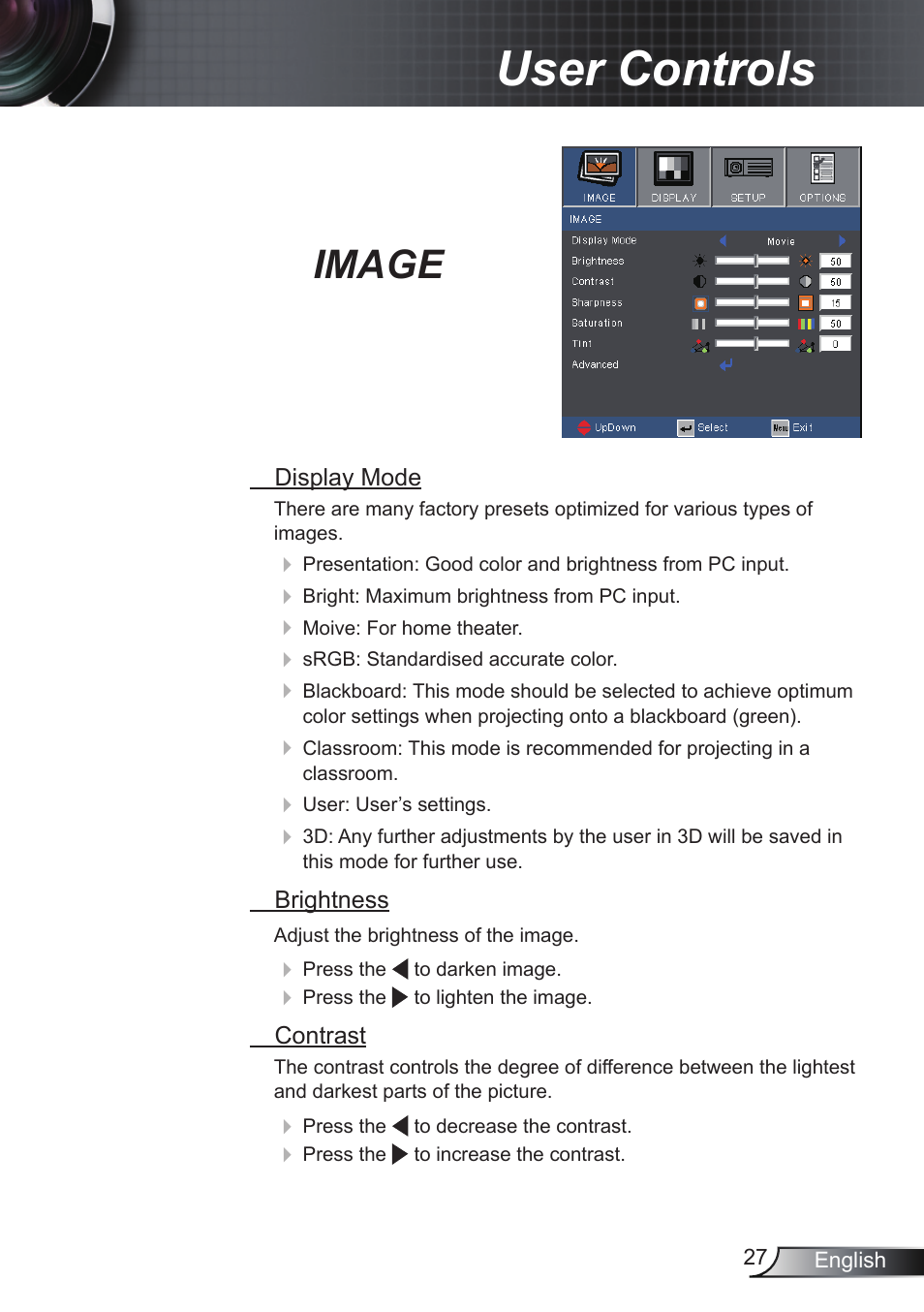 User controls, Image | Optoma RS232 User Manual | Page 27 / 66