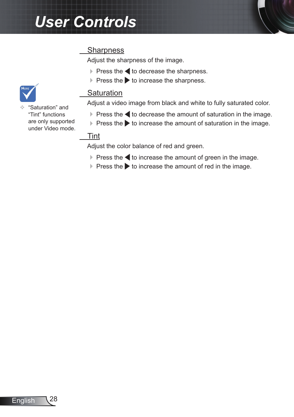 User controls | Optoma RS232 User Manual | Page 28 / 66