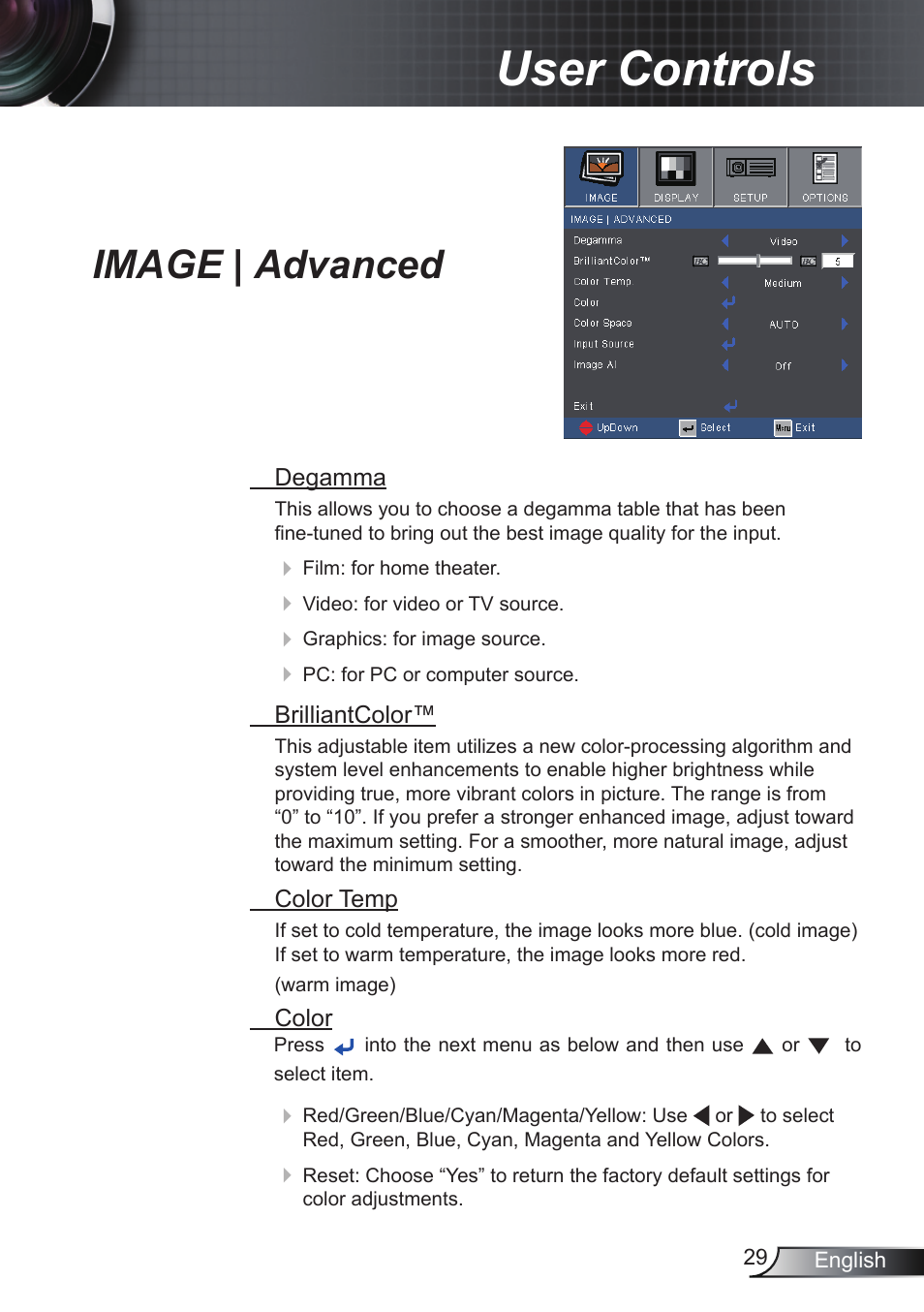 User controls, Image | advanced | Optoma RS232 User Manual | Page 29 / 66