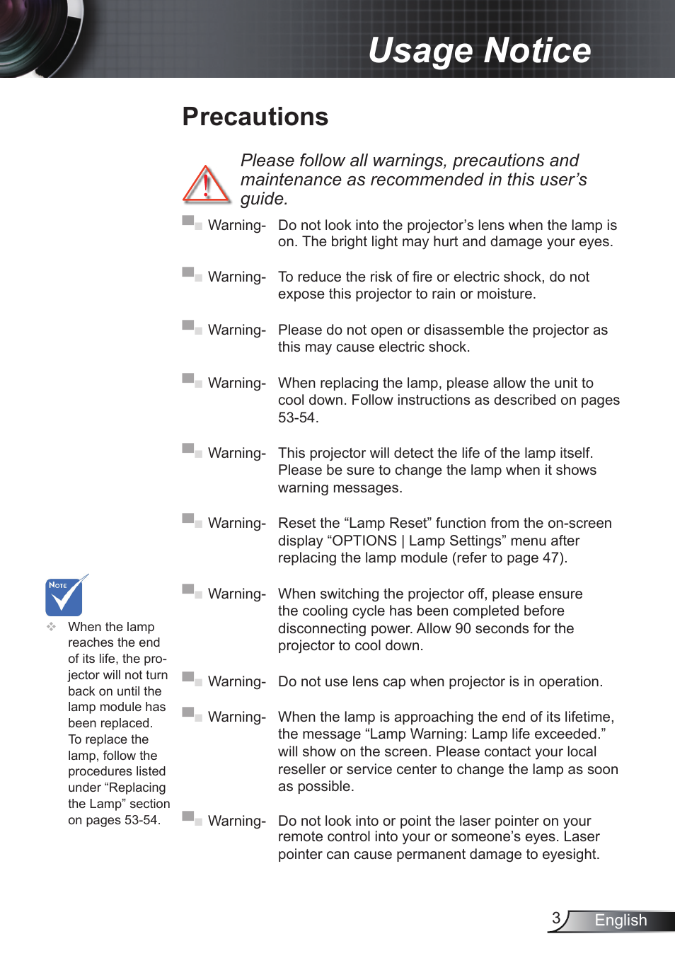 Usage notice, Precautions | Optoma RS232 User Manual | Page 3 / 66