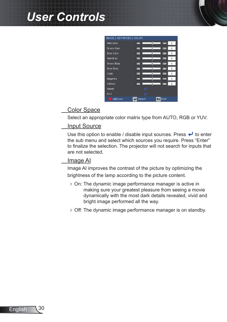 User controls | Optoma RS232 User Manual | Page 30 / 66