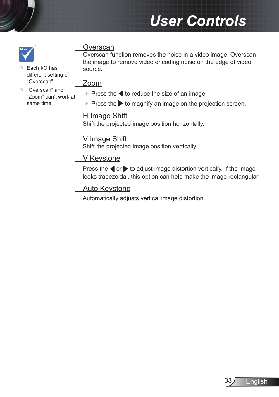 User controls | Optoma RS232 User Manual | Page 33 / 66