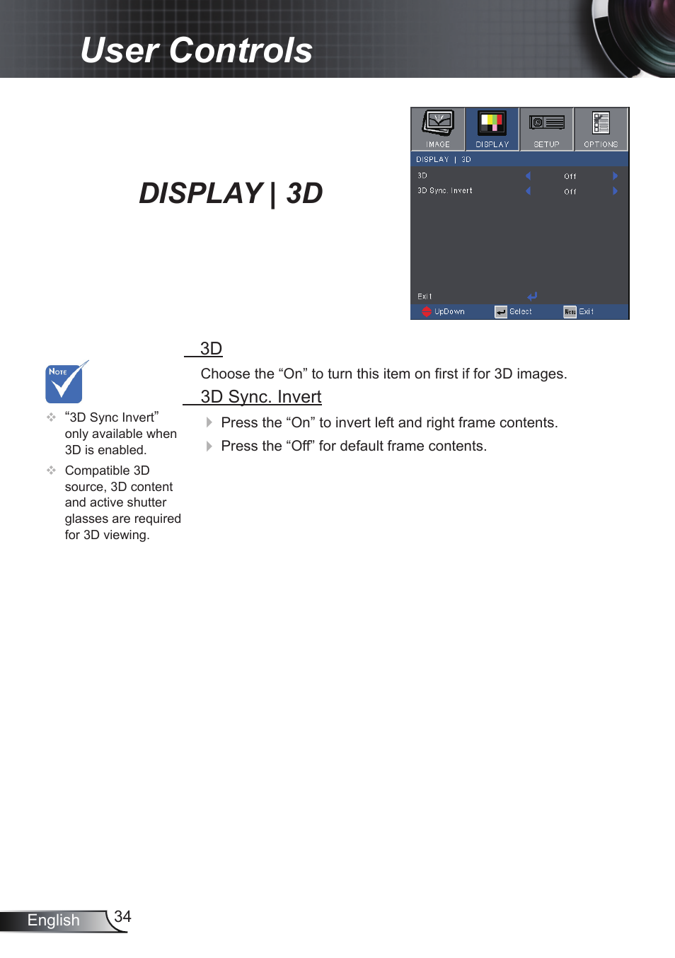 User controls, Display | 3d | Optoma RS232 User Manual | Page 34 / 66