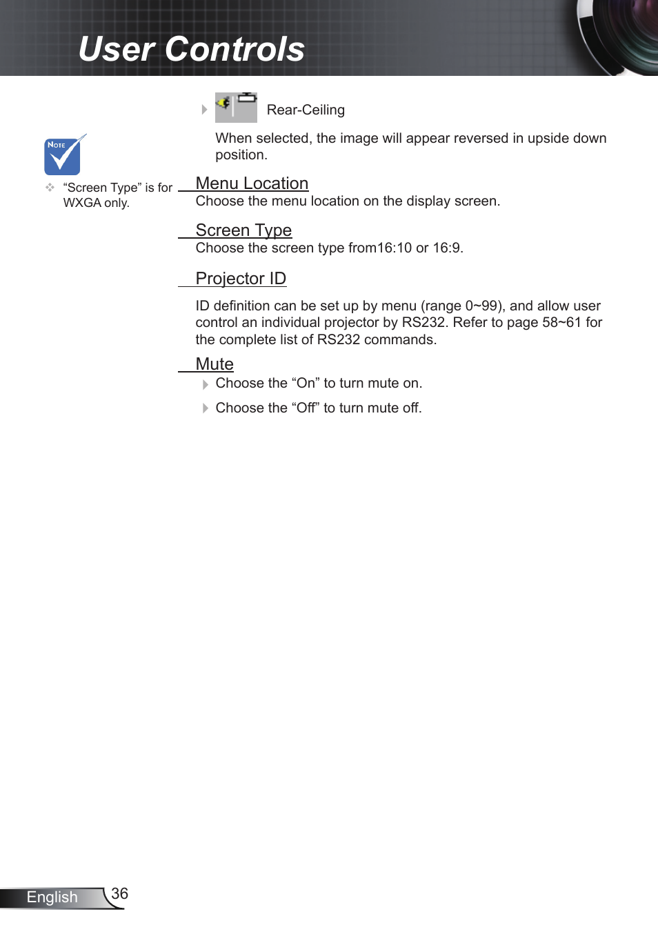 User controls | Optoma RS232 User Manual | Page 36 / 66