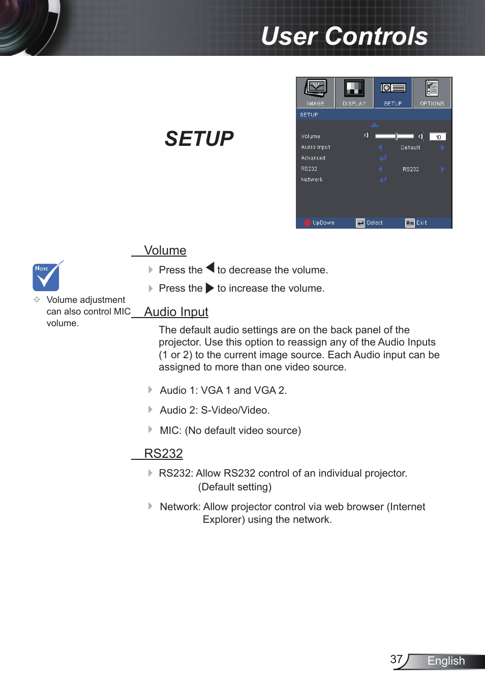 User controls, Setup | Optoma RS232 User Manual | Page 37 / 66