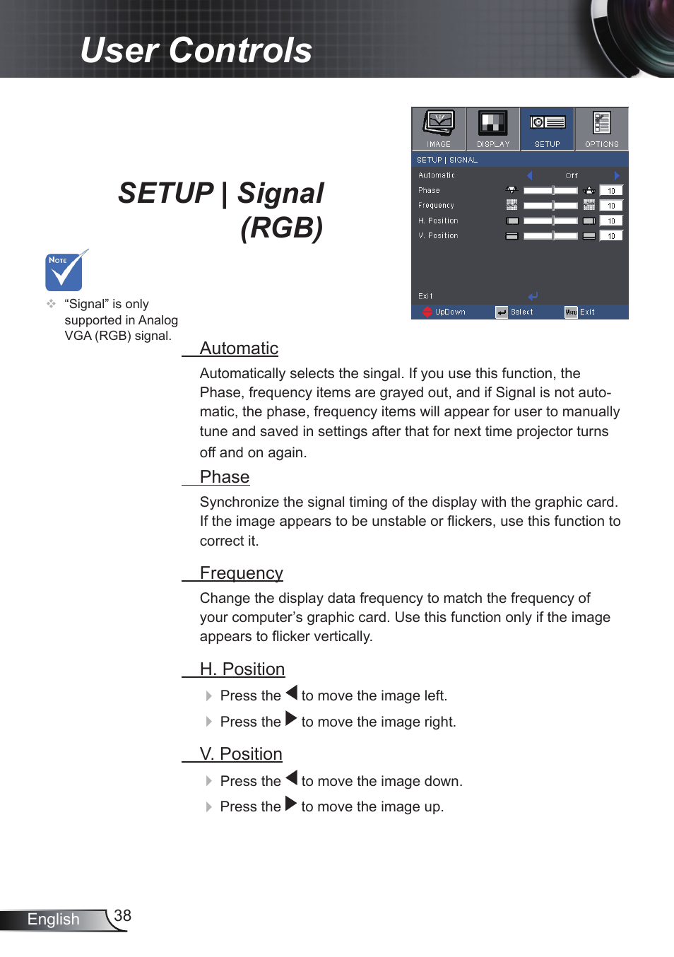 User controls, Setup | signal (rgb) | Optoma RS232 User Manual | Page 38 / 66