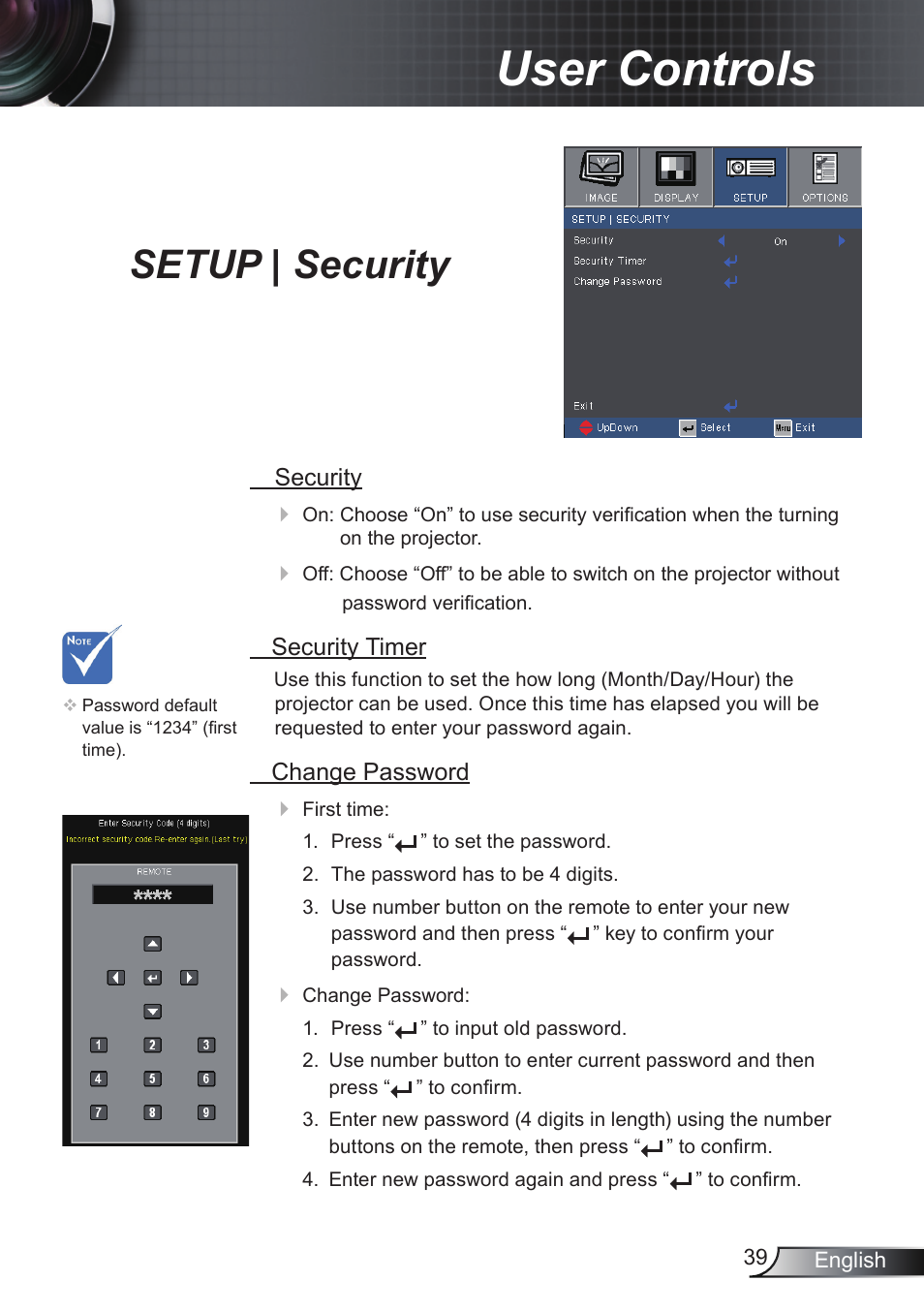 User controls, Setup | security | Optoma RS232 User Manual | Page 39 / 66