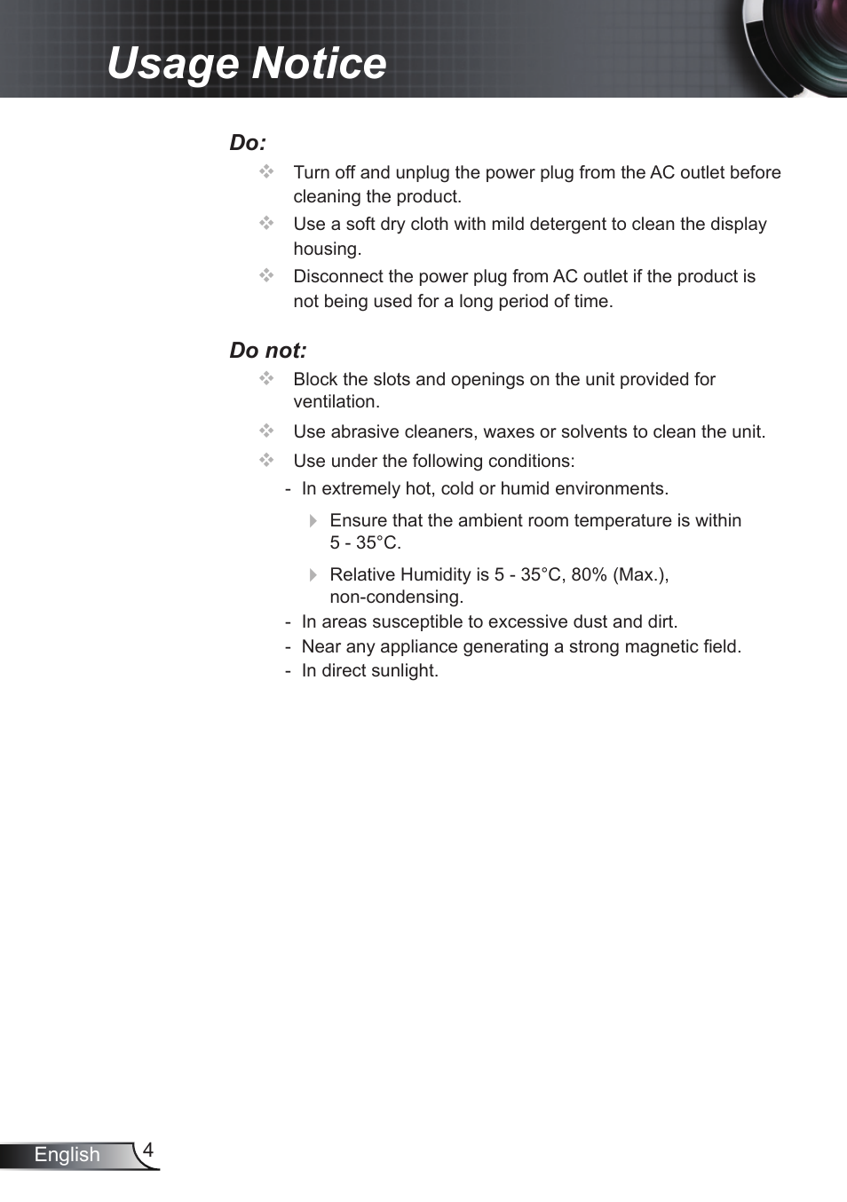 Usage notice | Optoma RS232 User Manual | Page 4 / 66