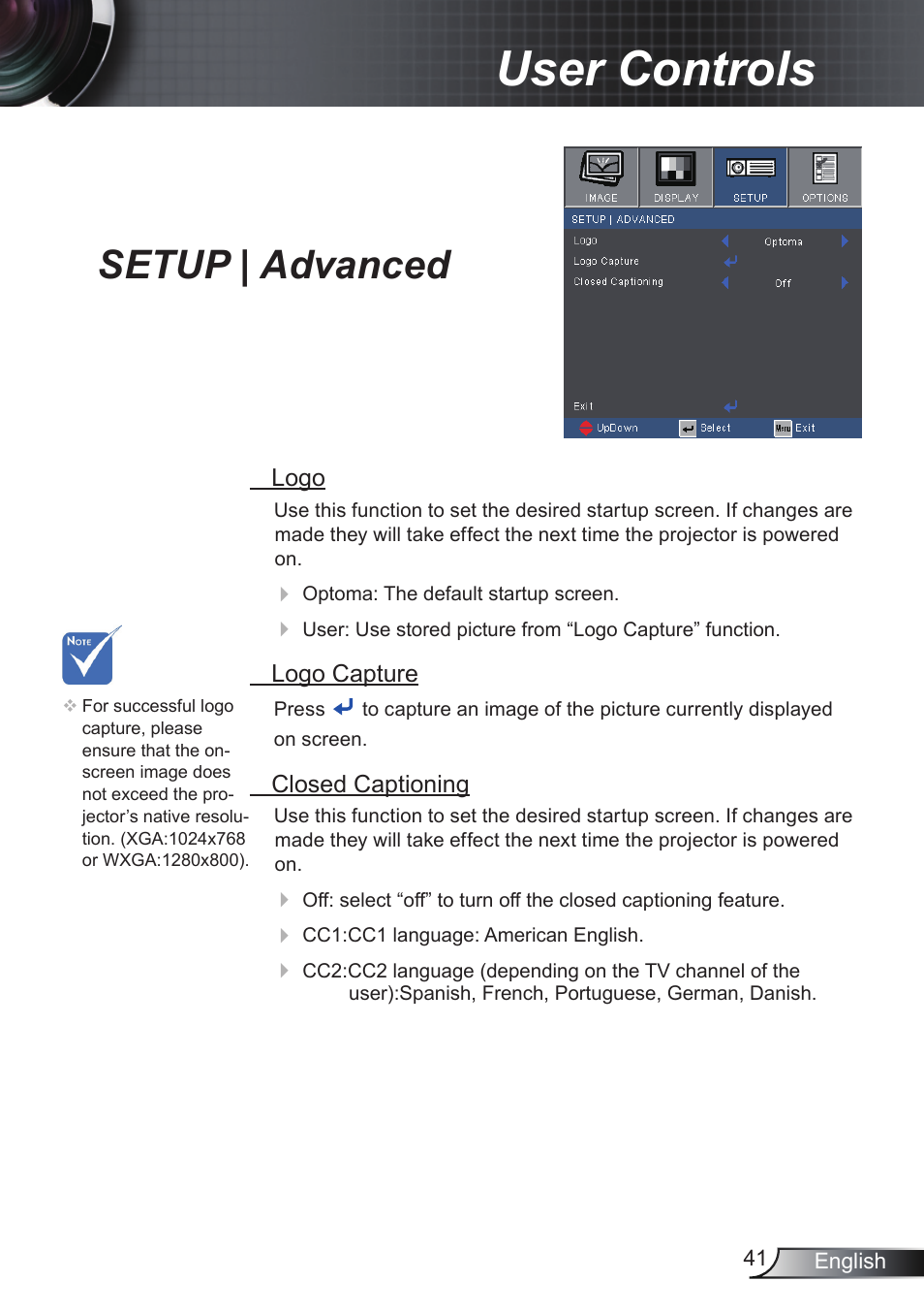 User controls, Setup | advanced | Optoma RS232 User Manual | Page 41 / 66