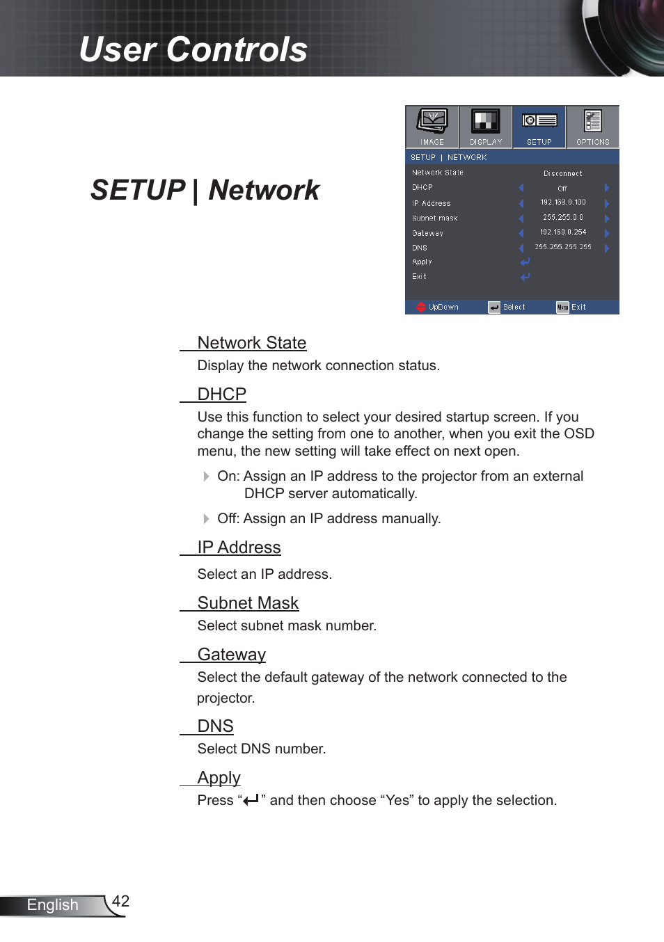 User controls, Setup | network | Optoma RS232 User Manual | Page 42 / 66