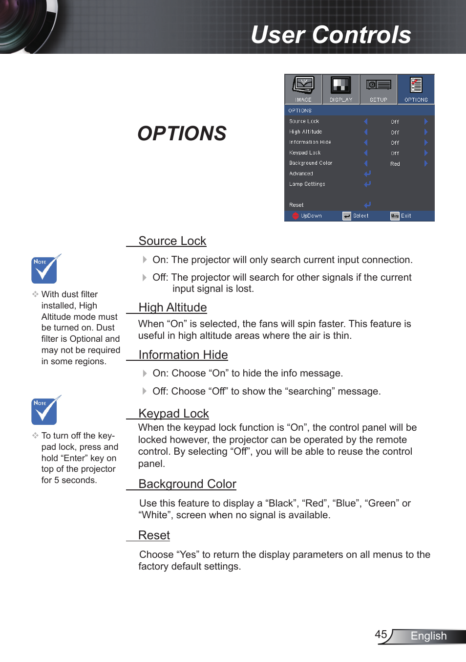 User controls, Options | Optoma RS232 User Manual | Page 45 / 66