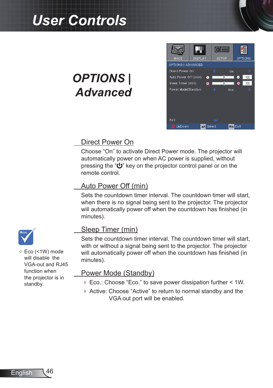 User controls, Options | advanced | Optoma RS232 User Manual | Page 46 / 66