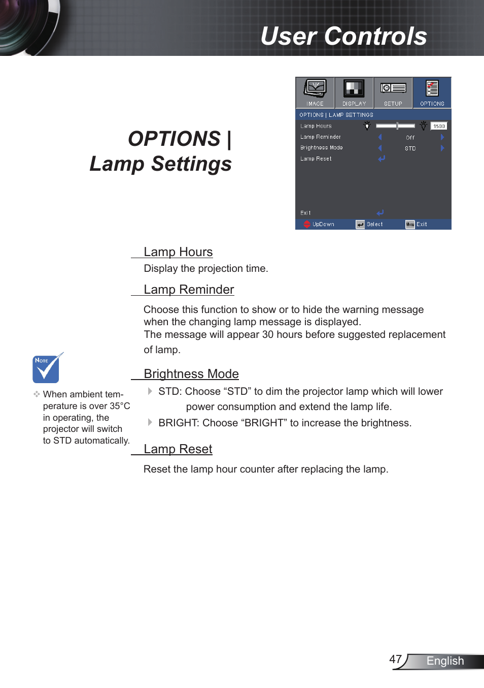 User controls, Options | lamp settings | Optoma RS232 User Manual | Page 47 / 66