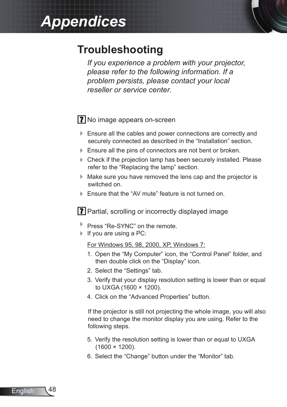 Appendices, Troubleshooting | Optoma RS232 User Manual | Page 48 / 66