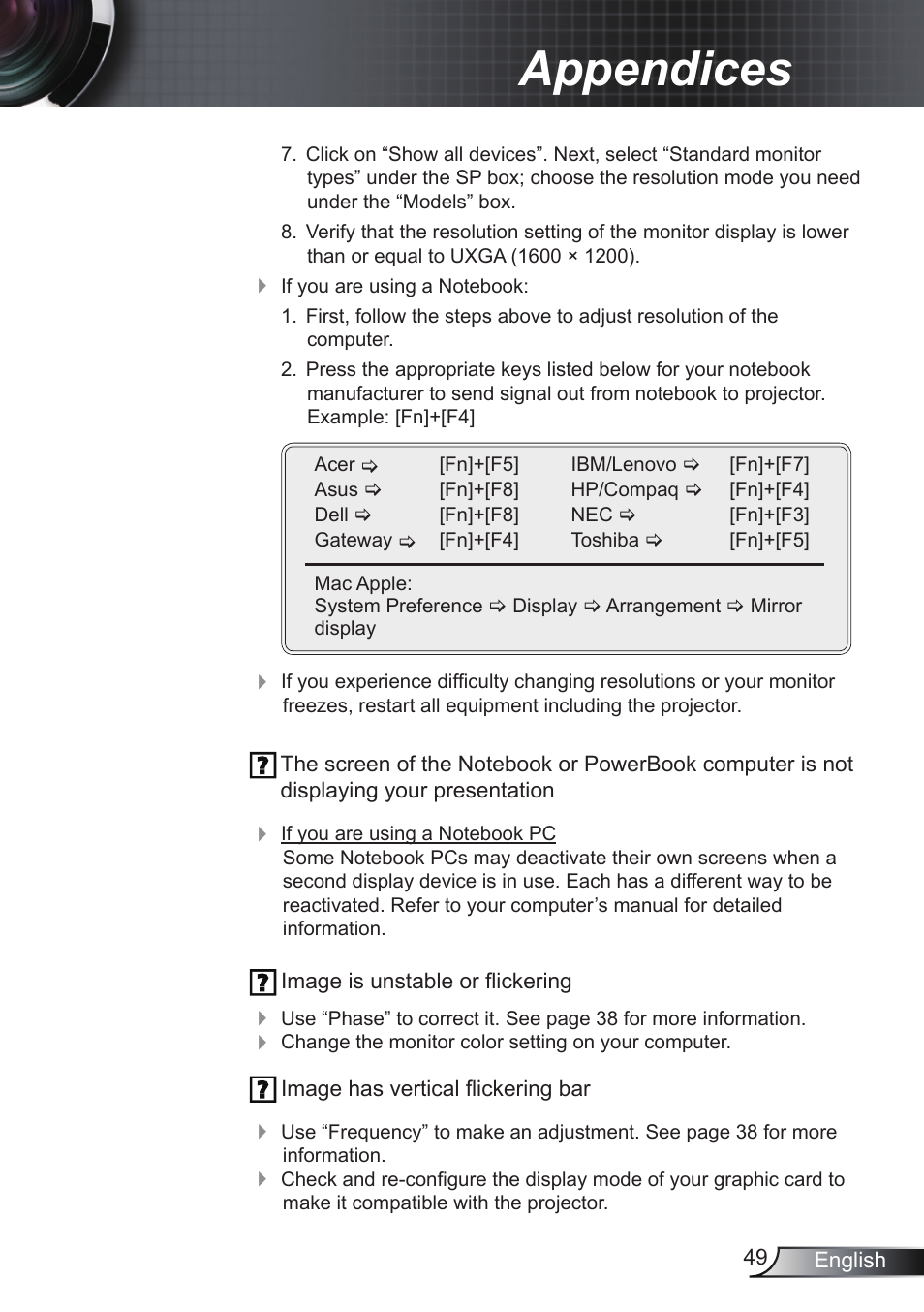 Appendices | Optoma RS232 User Manual | Page 49 / 66