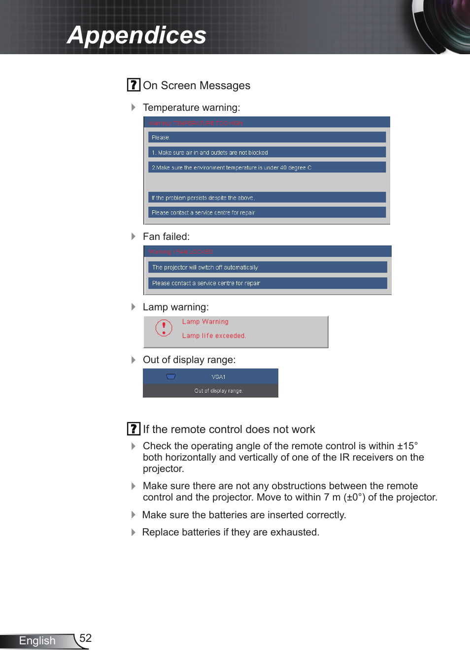 Appendices | Optoma RS232 User Manual | Page 52 / 66