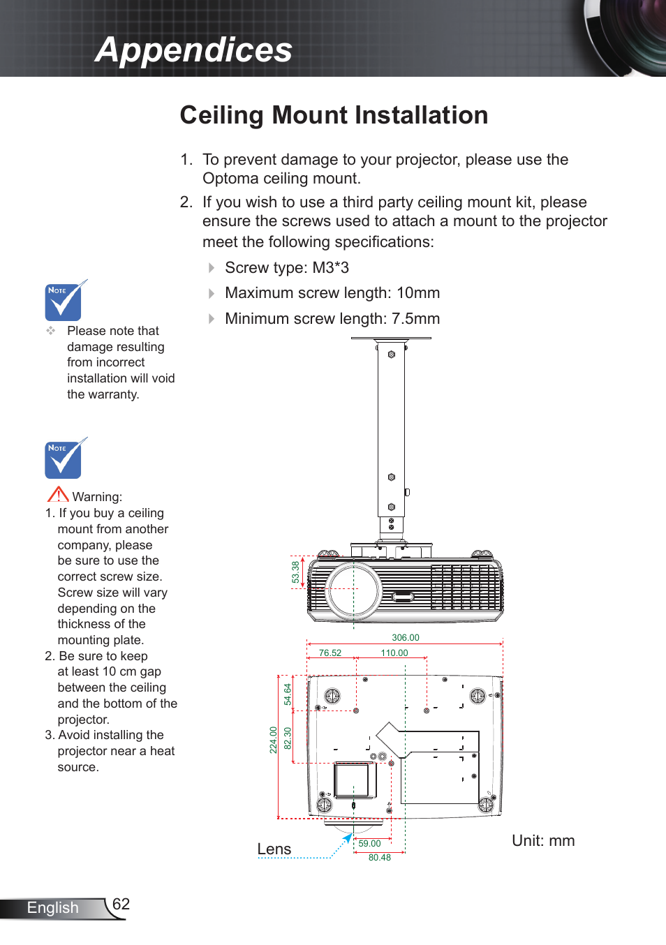 Appendices, Ceiling mount installation | Optoma RS232 User Manual | Page 62 / 66