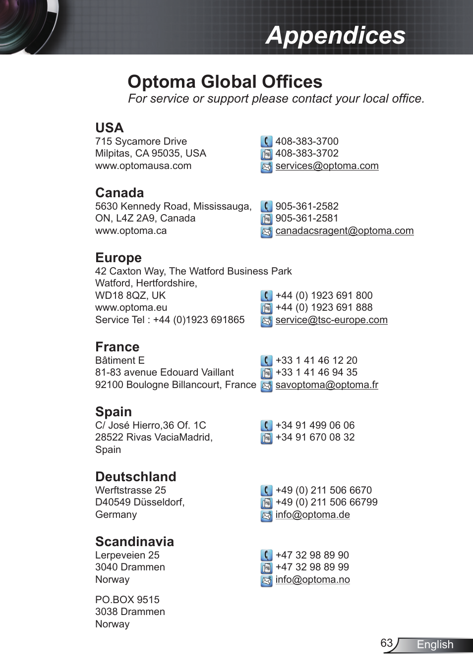 Appendices, Optoma global offices, Canada | Europe, France, Spain, Deutschland, Scandinavia | Optoma RS232 User Manual | Page 63 / 66