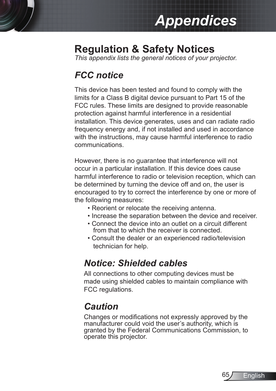 Appendices, Regulation & safety notices, Fcc notice | Notice: shielded cables, Caution | Optoma RS232 User Manual | Page 65 / 66