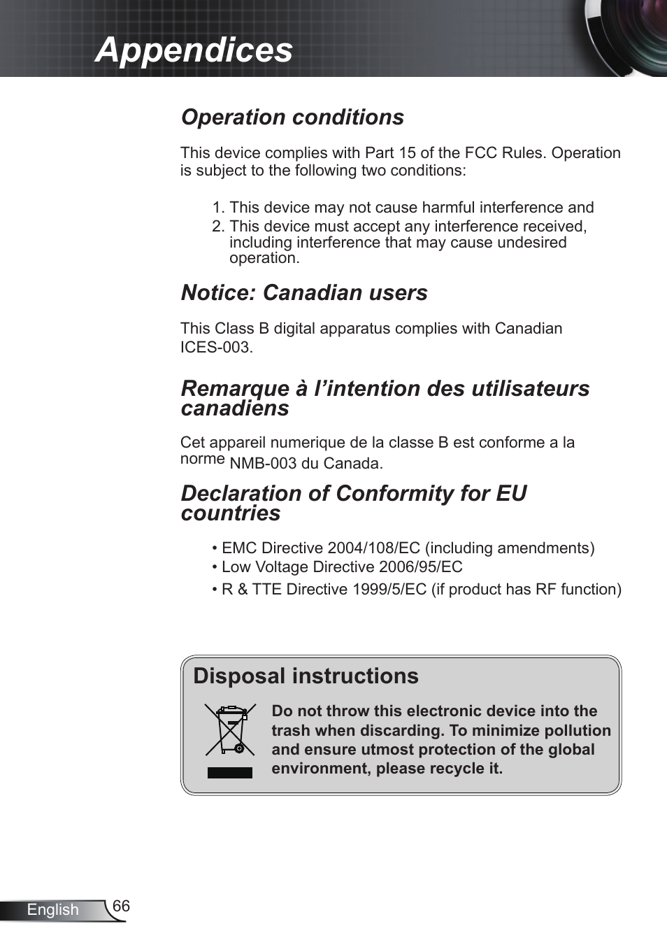 Appendices, Disposal instructions, Operation conditions | Notice: canadian users, Remarque à l’intention des utilisateurs canadiens, Declaration of conformity for eu countries | Optoma RS232 User Manual | Page 66 / 66