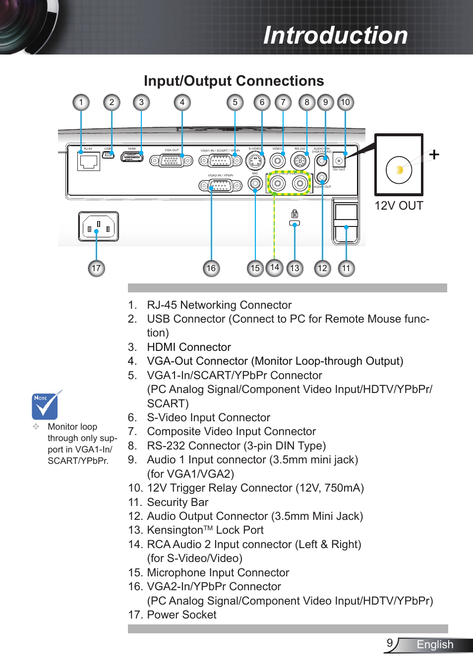 Introduction, Input/output connections, 12v out | 9english | Optoma RS232 User Manual | Page 9 / 66