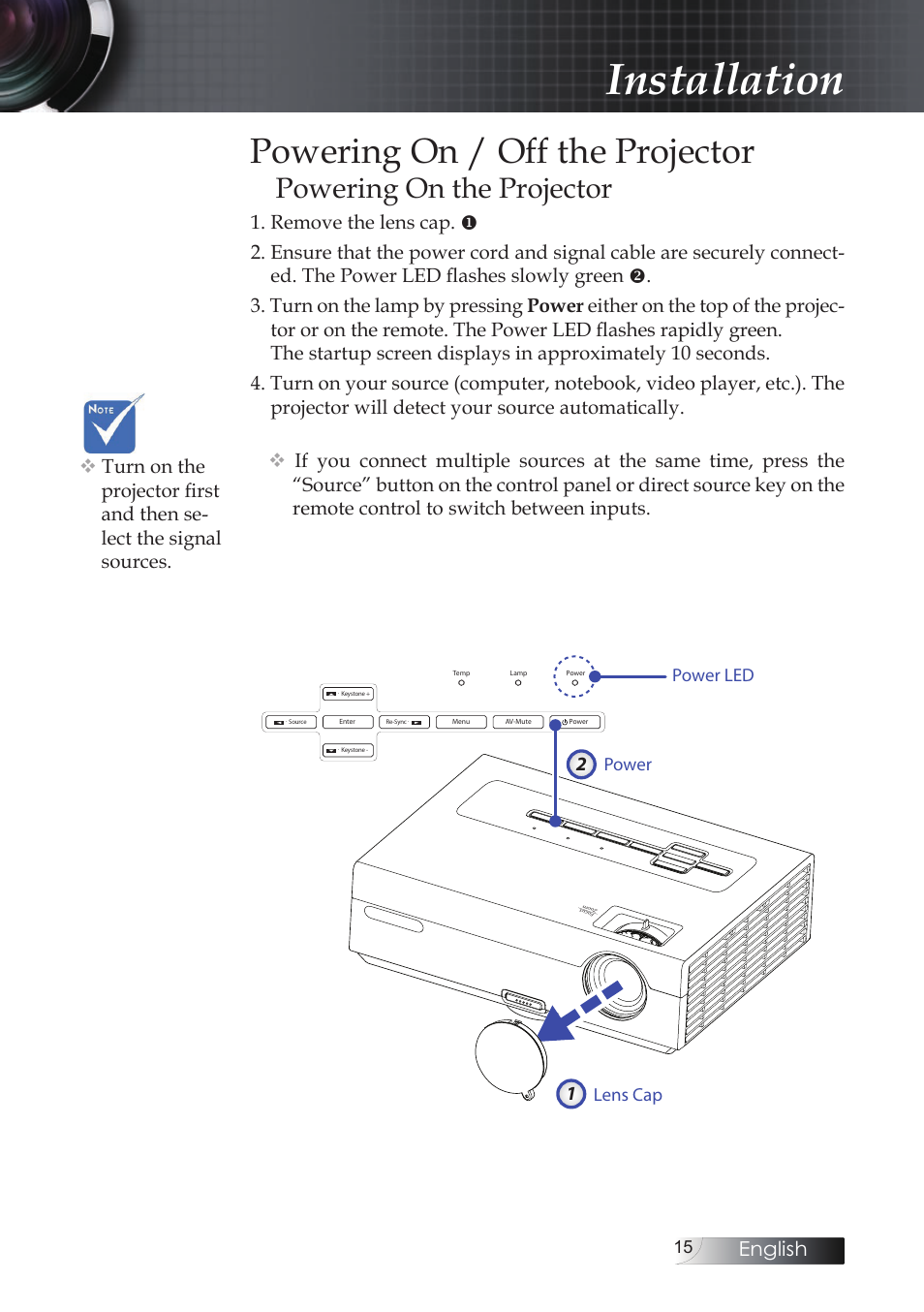 Powering on / off the projector, Powering on the projector, Installation | English | Optoma Optoma ES520 User Manual | Page 15 / 63