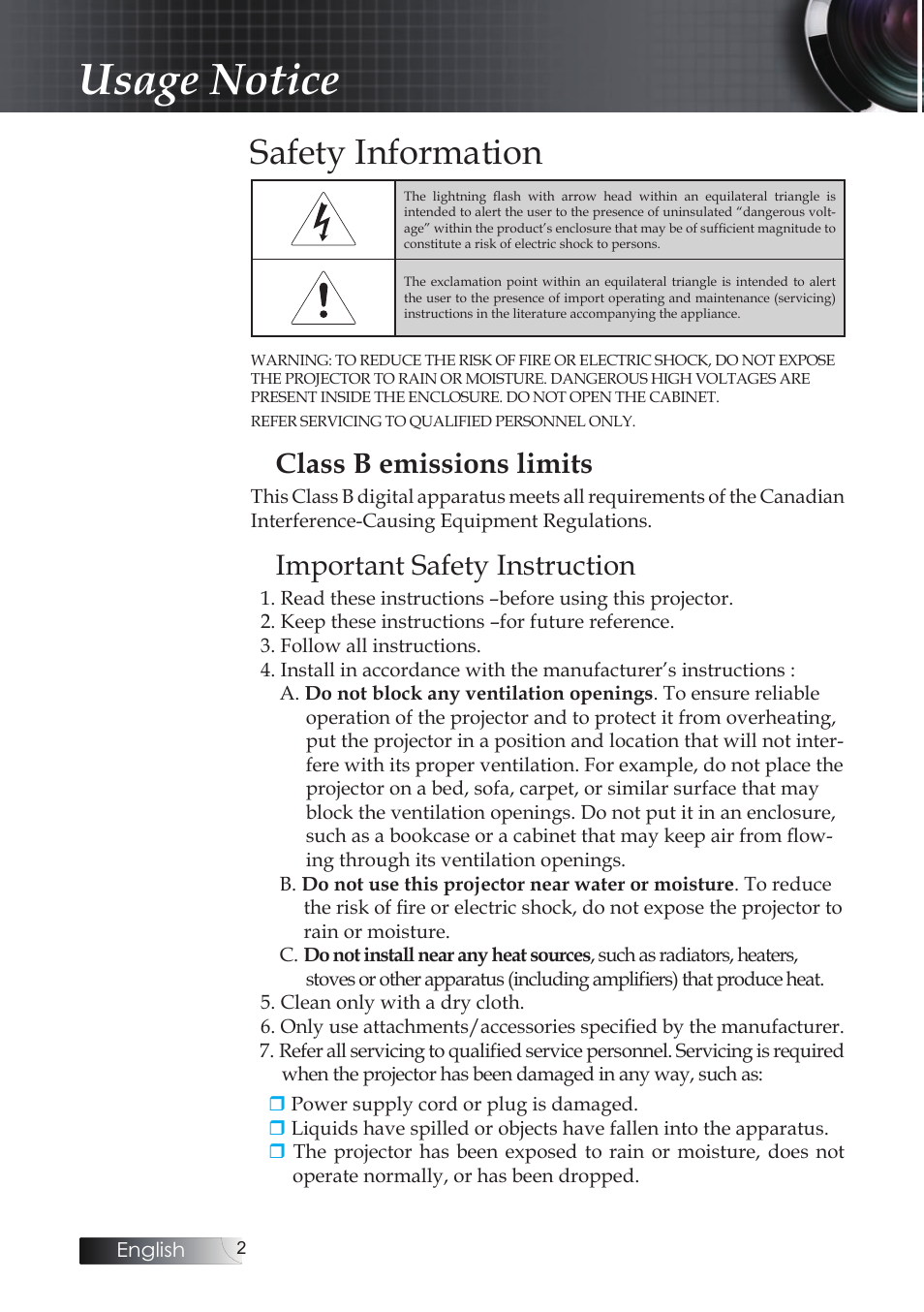 Usage notice, Safety information, Class b emissions limits | Important safety instruction | Optoma Optoma ES520 User Manual | Page 2 / 63