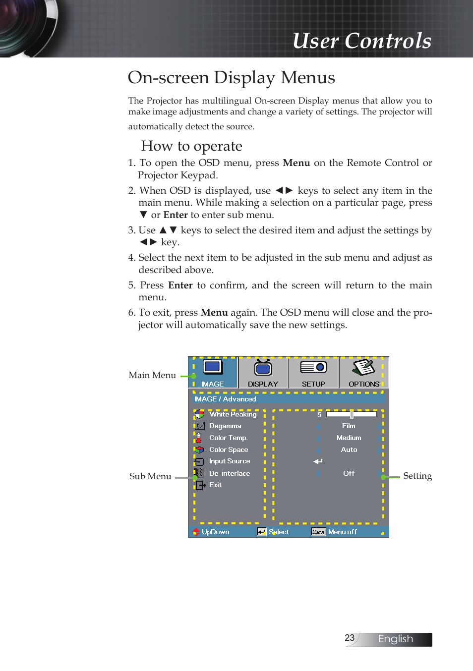 On-screen display menus, How to operate, User controls | Optoma Optoma ES520 User Manual | Page 23 / 63