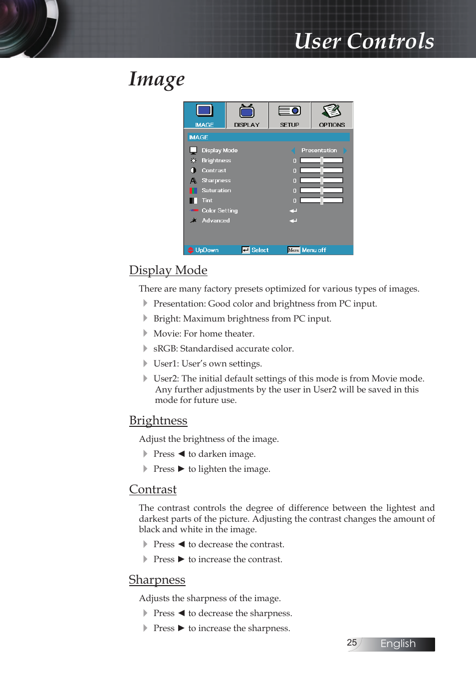 Image, User controls | Optoma Optoma ES520 User Manual | Page 25 / 63