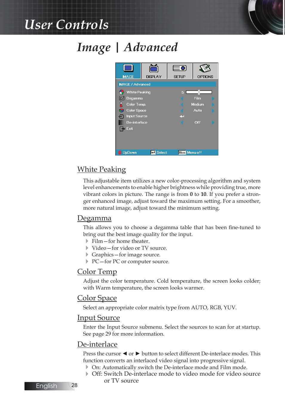 User controls, Image | advanced | Optoma Optoma ES520 User Manual | Page 28 / 63