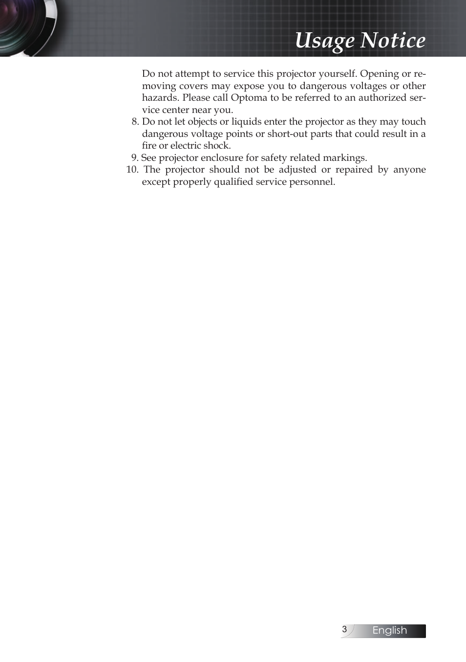 Usage notice | Optoma Optoma ES520 User Manual | Page 3 / 63