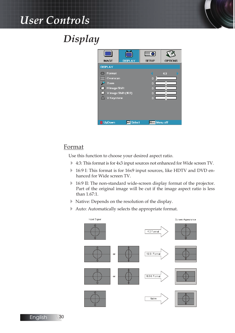 Display, User controls | Optoma Optoma ES520 User Manual | Page 30 / 63