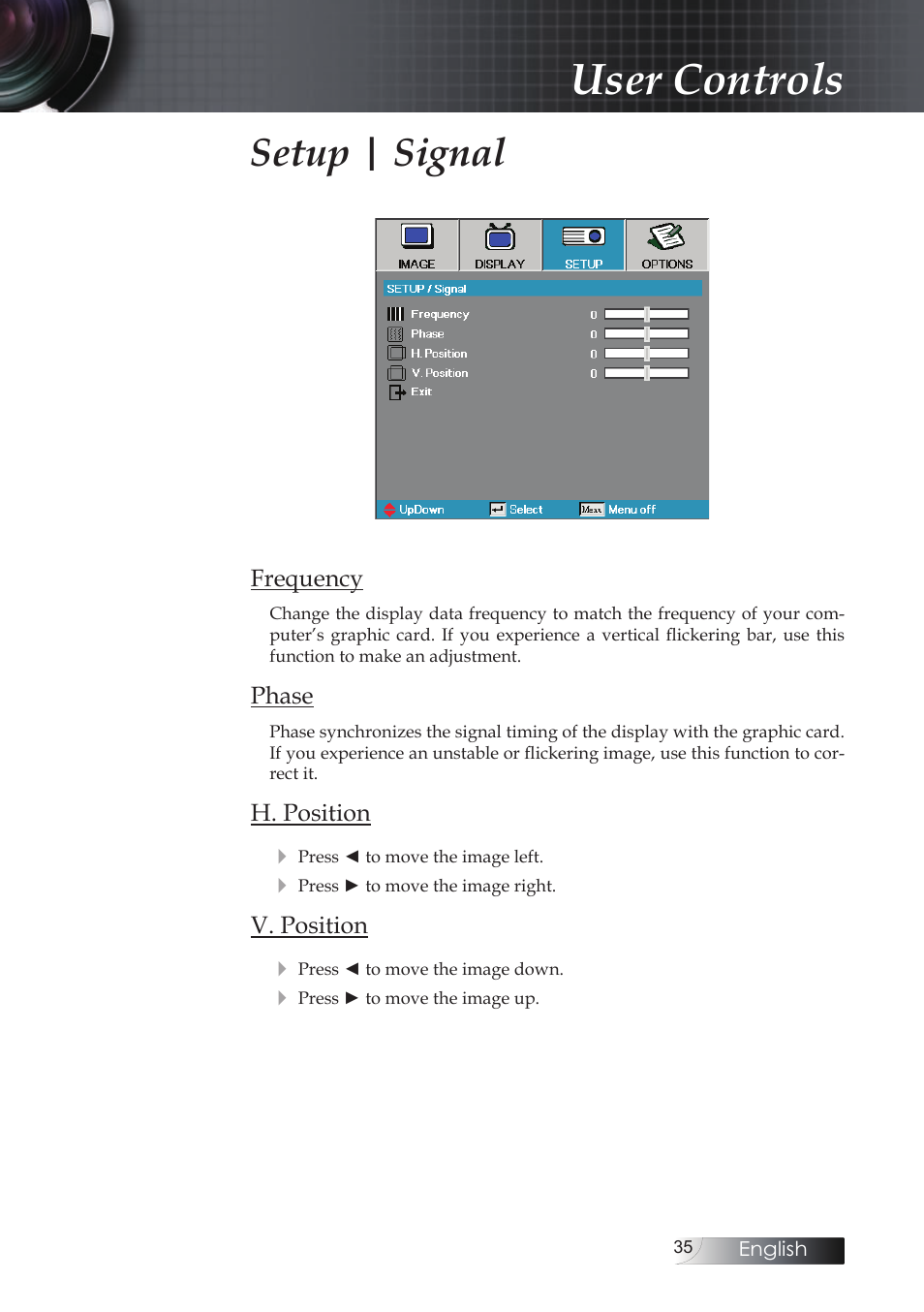 User controls, Setup | signal | Optoma Optoma ES520 User Manual | Page 35 / 63