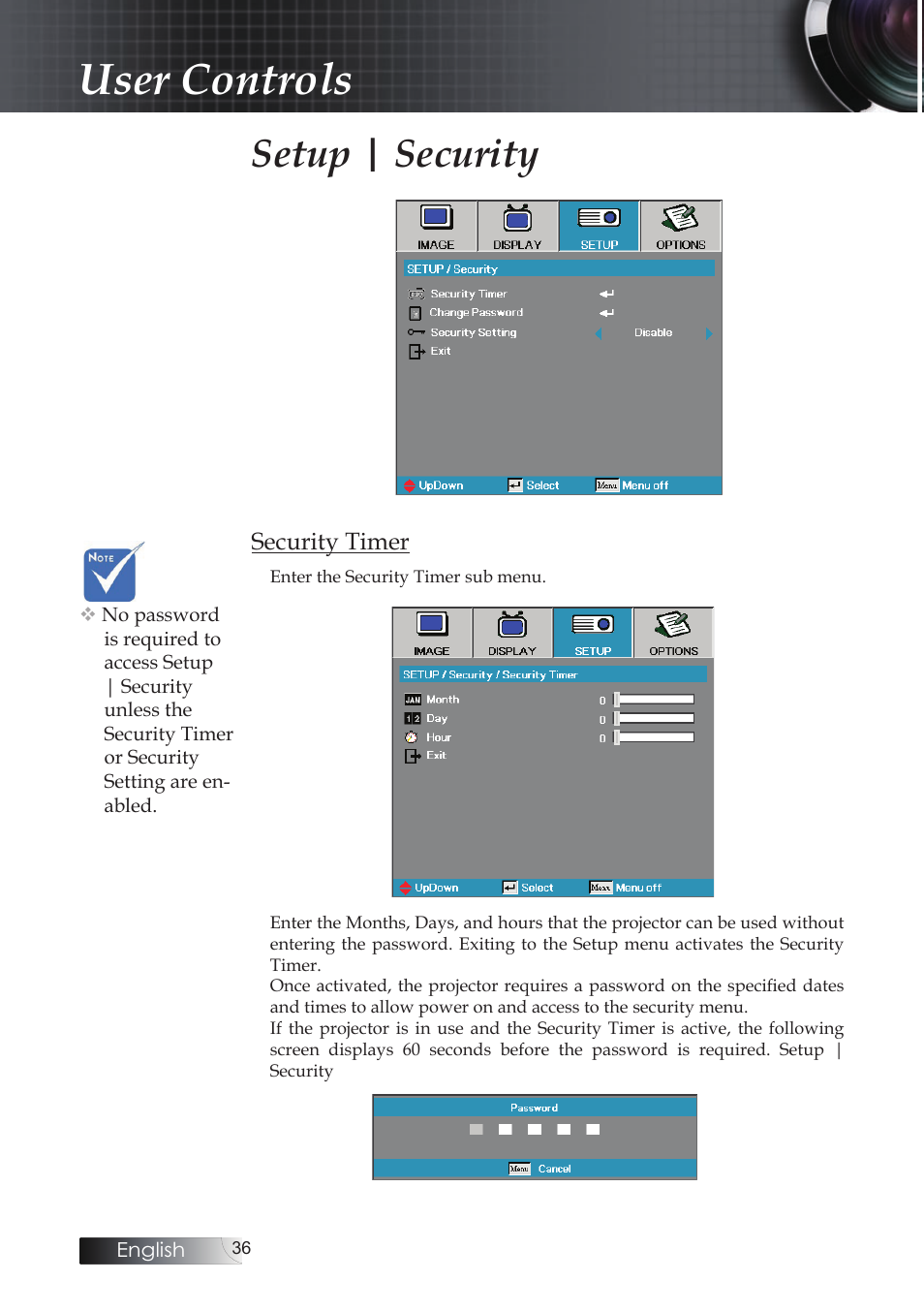 User controls, Setup | security | Optoma Optoma ES520 User Manual | Page 36 / 63