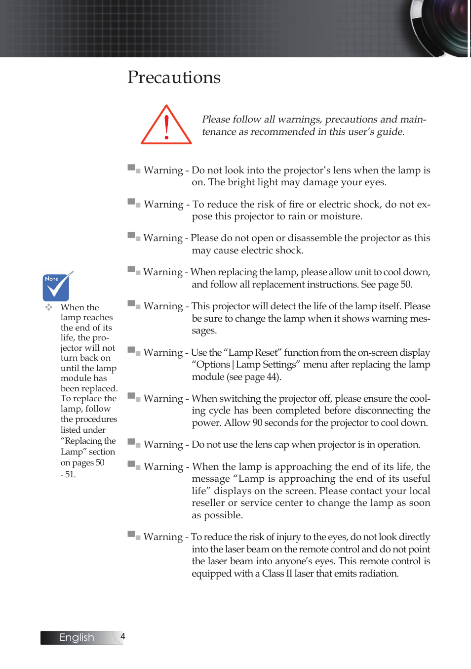 Precautions | Optoma Optoma ES520 User Manual | Page 4 / 63