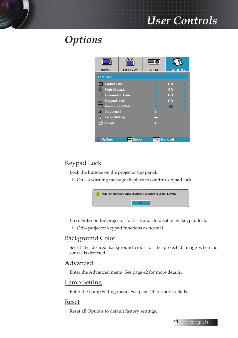 User controls, Options | Optoma Optoma ES520 User Manual | Page 41 / 63