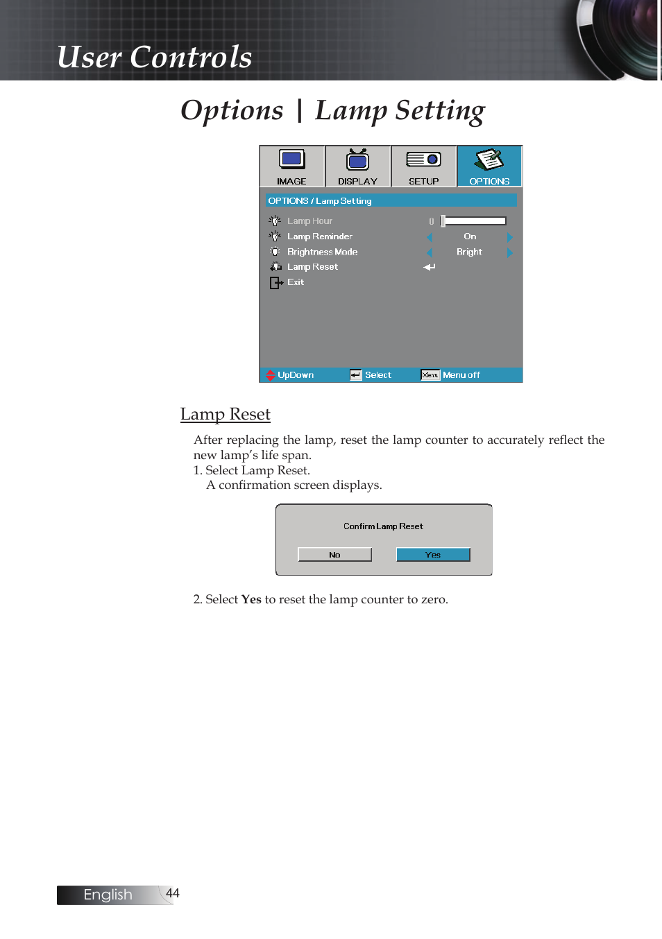 User controls, Options | lamp setting | Optoma Optoma ES520 User Manual | Page 44 / 63