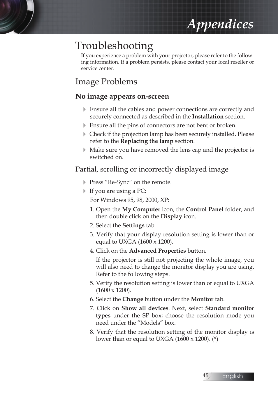 Troubleshooting, Image problems, Appendices | Optoma Optoma ES520 User Manual | Page 45 / 63