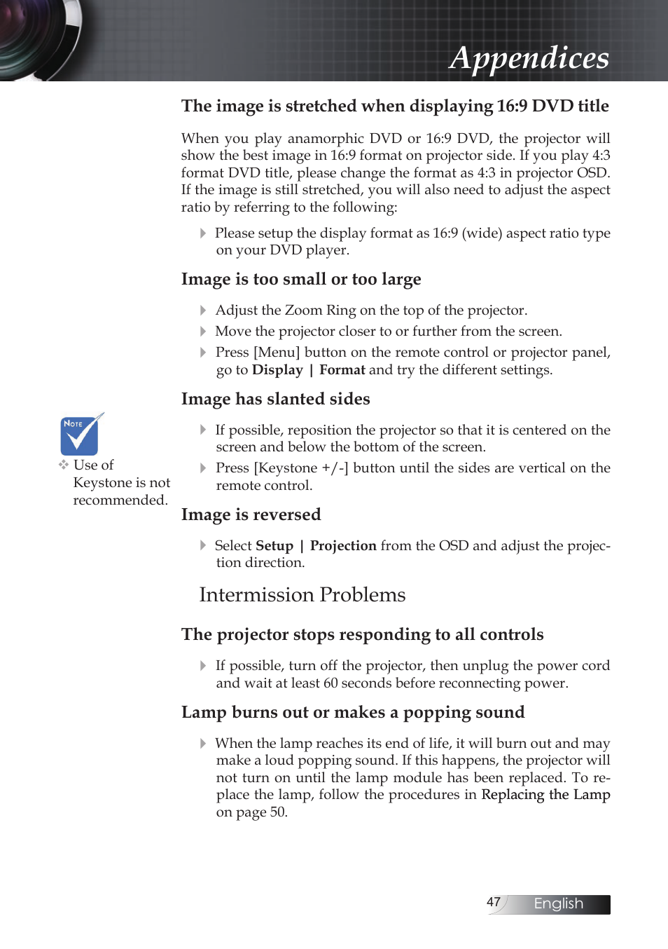 Intermission problems, Appendices | Optoma Optoma ES520 User Manual | Page 47 / 63