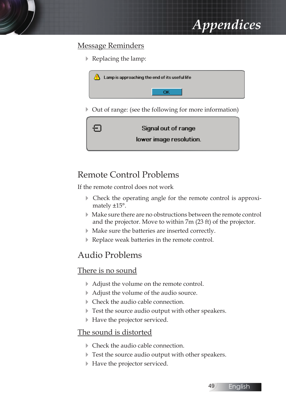 Remote control problems, Audio problems, Appendices | Optoma Optoma ES520 User Manual | Page 49 / 63
