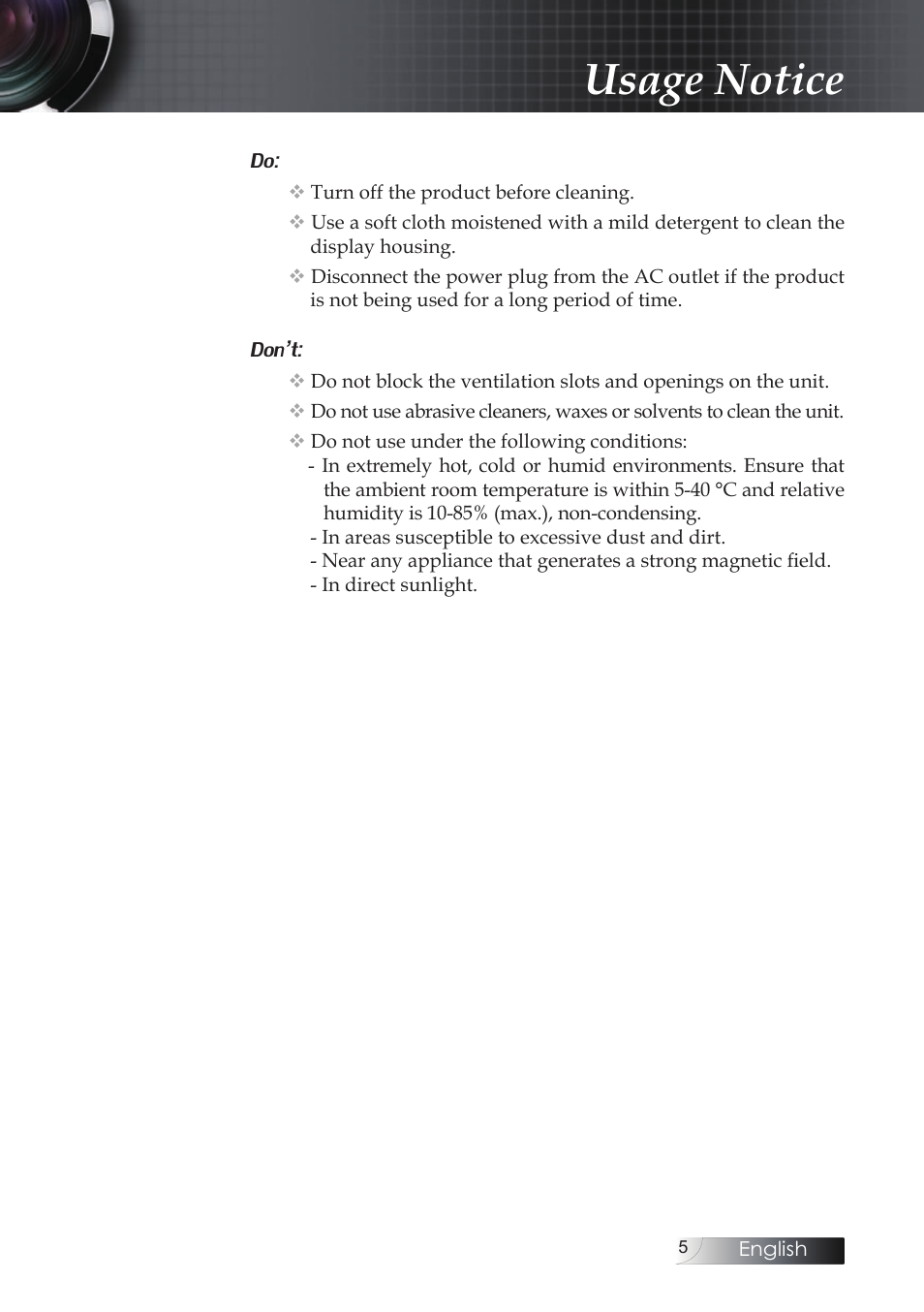 Usage notice, Don’t | Optoma Optoma ES520 User Manual | Page 5 / 63